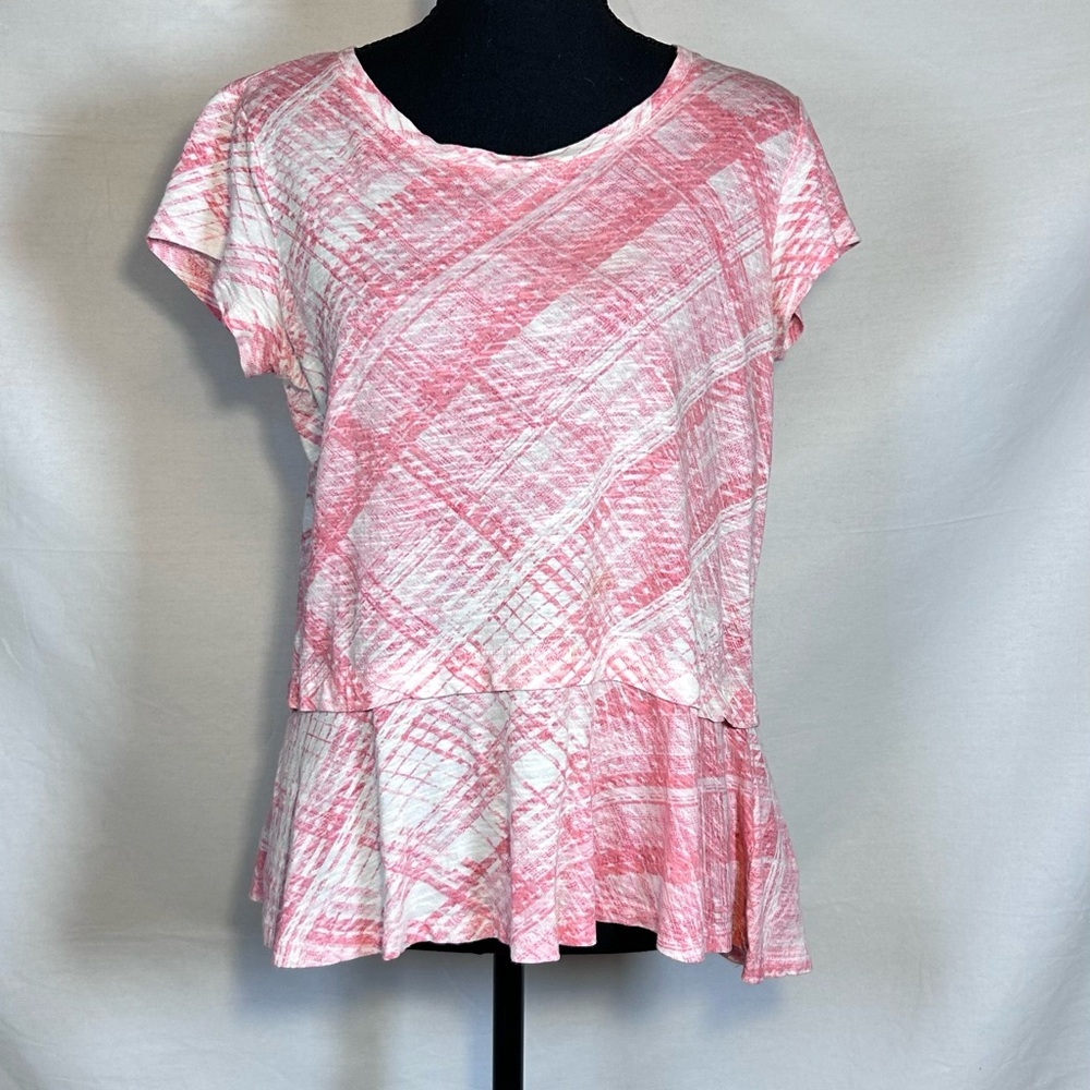 Style & Co Pink White Abstract Print Peplum Top Size Small 100% Cotton